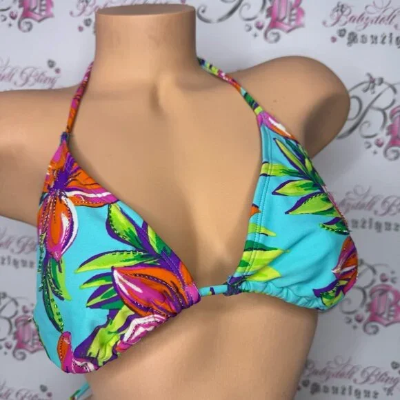 xhilaration bikini top beaded tropical neon flowers beach swimming tie up bright - Picture 7 of 9